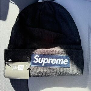 Supreme Black beanie with blue box logo